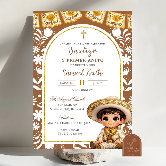 Invitación Arco dorado y marrón Cielito Lindo Bautizo Primero (Subido por el creador)