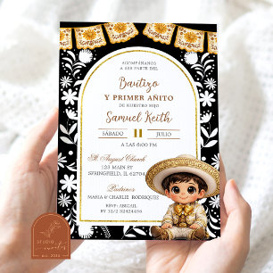 Invitación Arco dorado y negro Cielito Lindo Bautizo