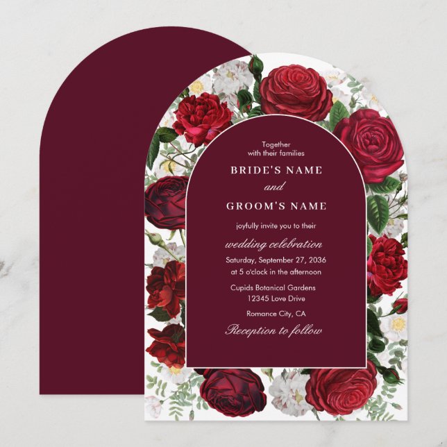 Invitación Arco elegante de Boda Floral de Borgoña (Anverso / Reverso)