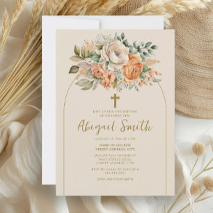 Invitación Arco elegante floral melocotón bautizo de niña