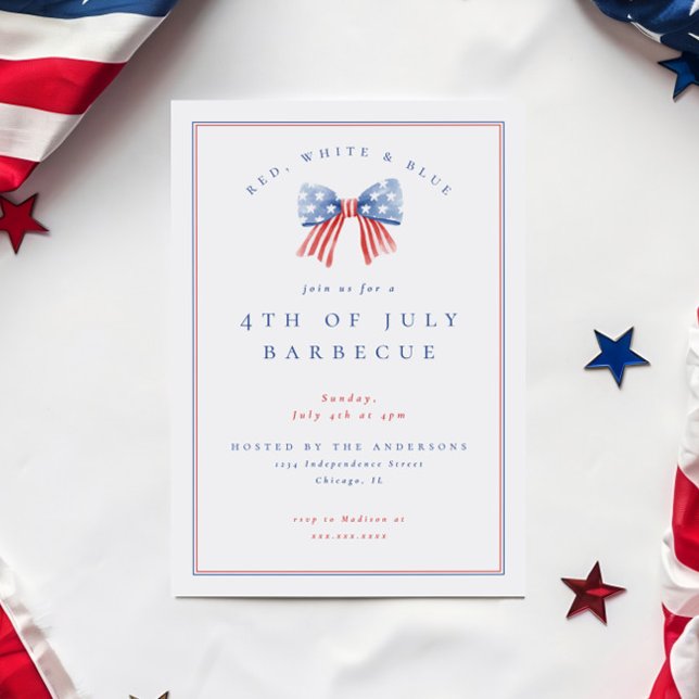 Invitación Arco elegante para la fiesta de barbacoa del 4 de  (Preppy sophisticated 4th of july bbq invitation featuring a watercolor bow with the american flag)