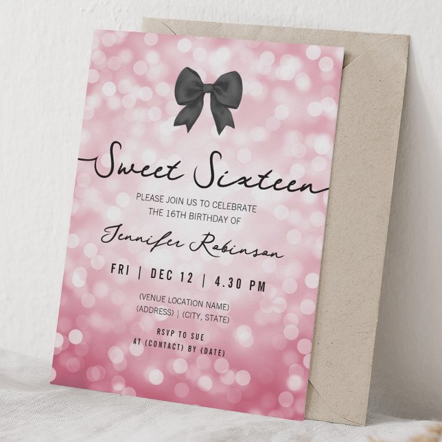 Invitación Arco Elegante y Luces Dulces Dieciséis Rosa Claro  (Elegant Bow & Lights Sweet Sixteen Hot Pink Invitation)