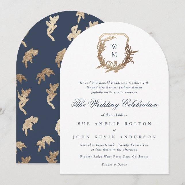 Invitación arco escudo de oro del monograma azul de la Marina (Anverso / Reverso)