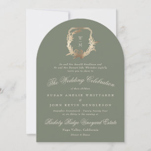 Invitación Arco Escudo de oro del monograma verde sabio clási