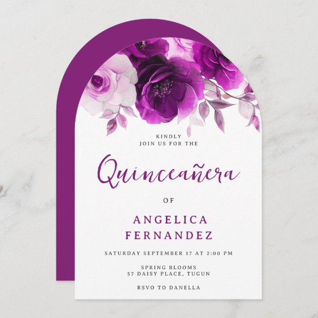 Invitación Arco Fiesta Quinceanera Rosa púrpura (Anverso / Reverso)