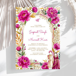 Invitación Arco floral acuarela magenta rosa boda Sikh