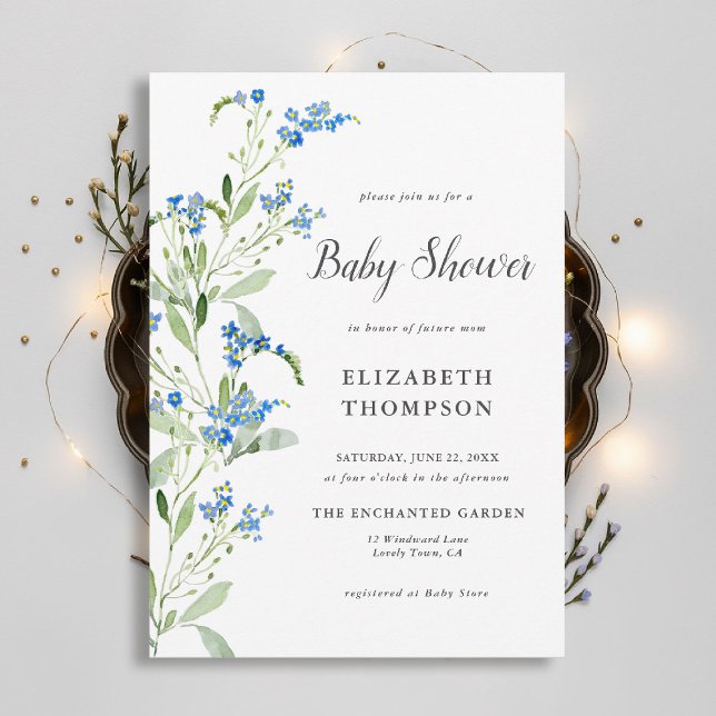 Invitación Arco floral azul de flores silvestres Elegante Bab (wildflowers baby shower invitation delicate blue watercolor arch elegant garden rustic chic boho)