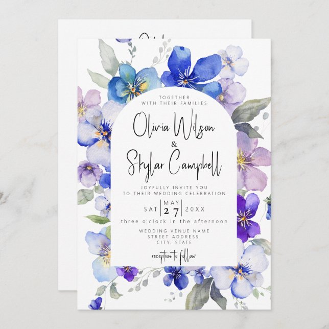 Invitación Arco Floral Azul Lavender Código QR Todo En 1 Boda (Anverso / Reverso)