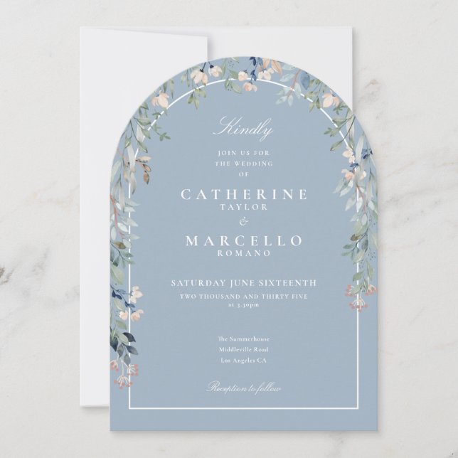 Invitación Arco floral azul turbio Boda de código QR (Anverso)