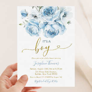 Invitación Arco floral azul turbio es un niño Baby Shower