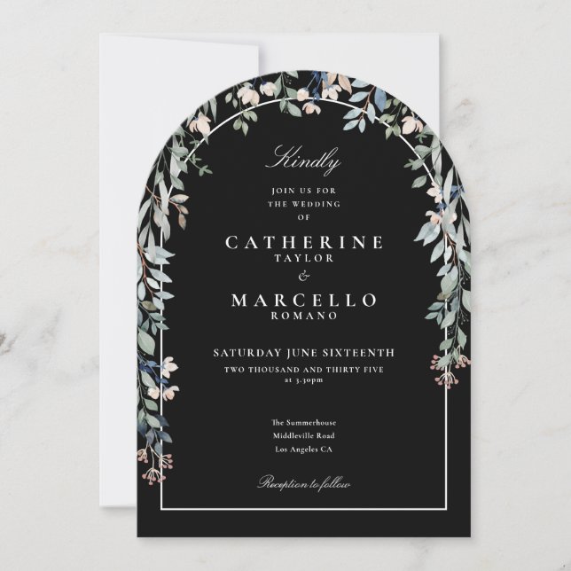 Invitación Arco floral Boda de código QR blanco y negro (Anverso)