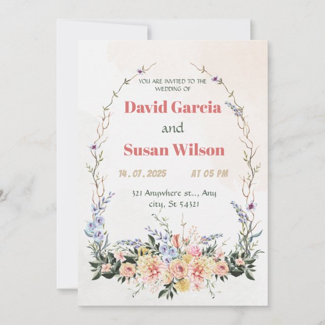 Invitación Arco floral boda rosa, púrpura, acuarela amarillo (Anverso)