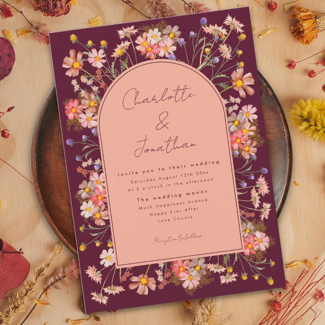 Invitación Arco Floral Boho Borgoña Boda de Otoño (Boho floral arch burgundy terracotta peach wedding invitation watercolor wildflowers )