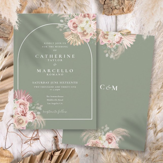 Invitación Arco Floral Boho de Pampas de Hierba Verde Salvia  (Sage Green Pampas Grass Boho Arch Floral Invitation)