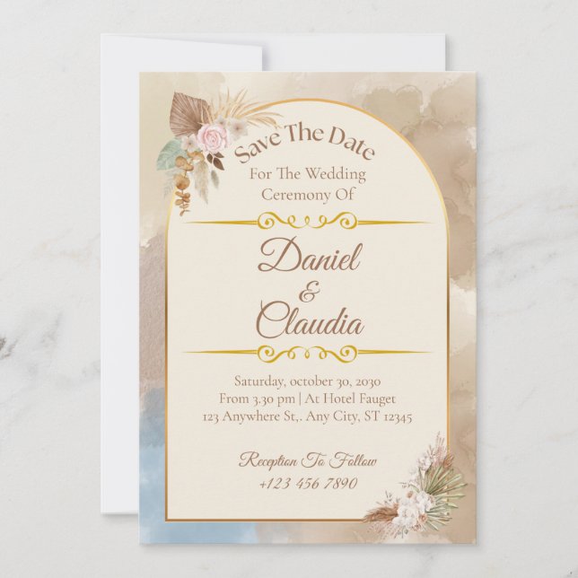 Invitación Arco floral Boho Salva la Fecha - Elegante Boda (Anverso)