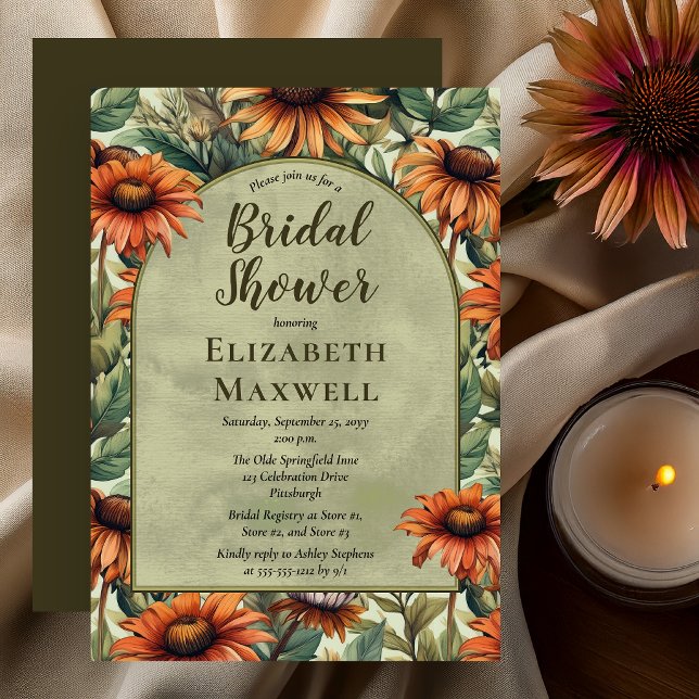 Invitación Arco Floral Botánico Oxido para Despedida de Solte (Rust floral bridal shower invitation with botanical arch and autumn garden style)