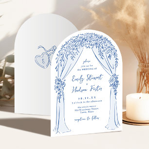 Invitación Arco floral caprichoso de boda dibujado a mano azu