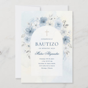 Invitación Arco floral de acuarela azul polvoriento para baut