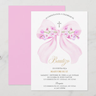 Invitación Arco floral de bautizo de niña en acuarela rosa