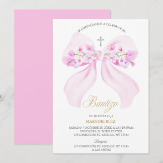 Invitación Arco floral de bautizo de niña en acuarela rosa