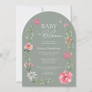 Invitación Arco floral de bebé en flor en verde salvia para b