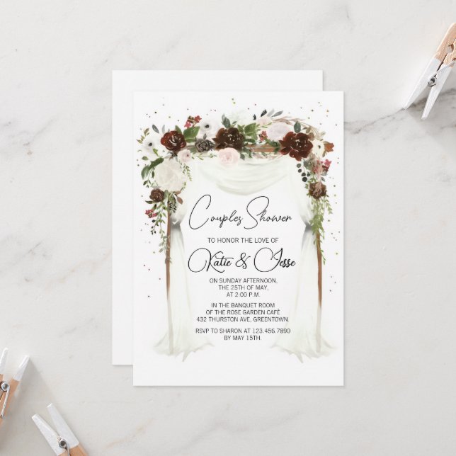 Invitación Arco floral de borgoña temperamental para la ducha (Anverso/Reverso In Situ)