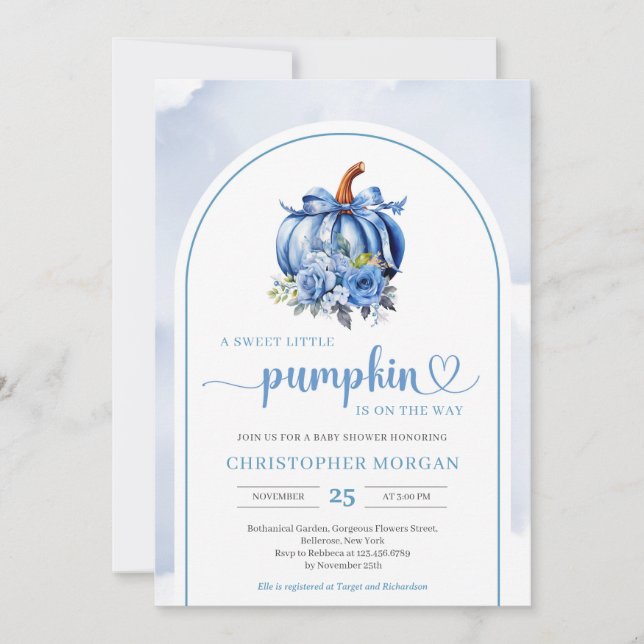 Invitación arco floral de calabaza azul marino boho minimalis (Anverso)