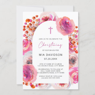 Invitación Arco Floral De Color Rosa Brillante Christening In