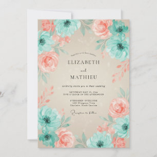 Invitación Arco floral de coral teal floreado para boda