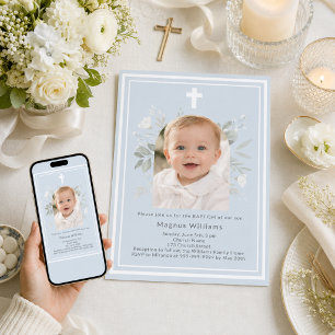 Invitación Arco floral de foto azul claro niño Bautizo