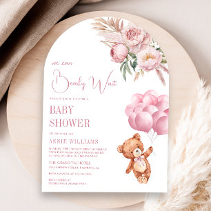 Invitación Arco Floral de Globos Rosados de Osito de Peluche