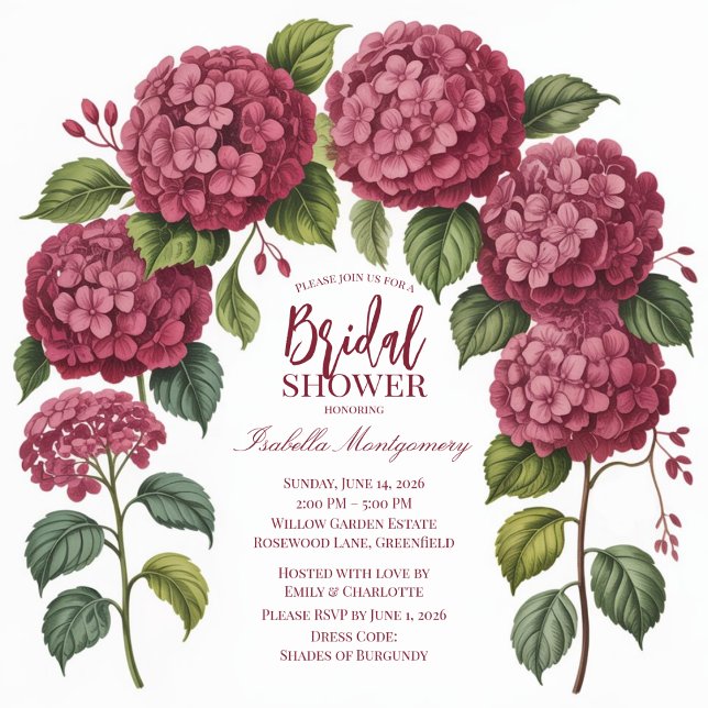 Invitación Arco floral de Hortensia Borgoña Ilustrado (Illustrated Burgundy Hydrangea Floral Arch Invitations
)