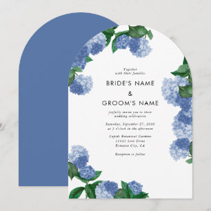 Invitación Arco floral de hortensias azules y follaje para bo