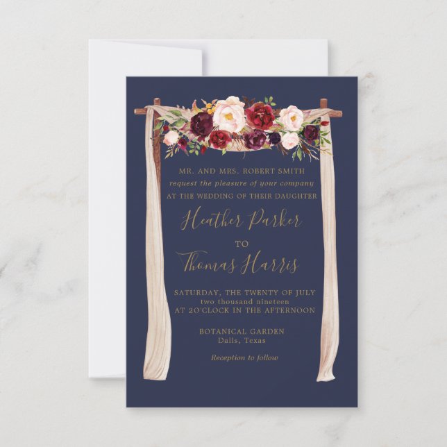 Invitación Arco floral de la Marina Masala Boda Boho (Anverso)