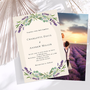 Invitación Arco floral de lavanda foto boda beige