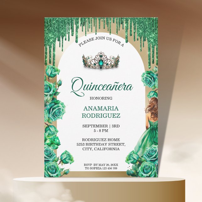 Invitación Arco floral de los Rosas de Emerald Green Tiara Qu (emerald green tiara quinceanera)
