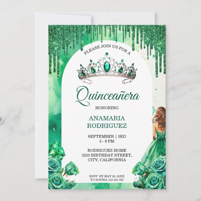 Invitación Arco floral de los Rosas de Emerald Green Tiara Qu (Anverso)