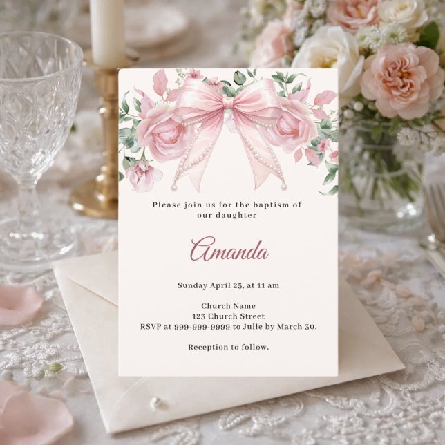 Invitación Arco Floral de Marfil Rosa Niña Elegante Bautizo (Subido por el creador)