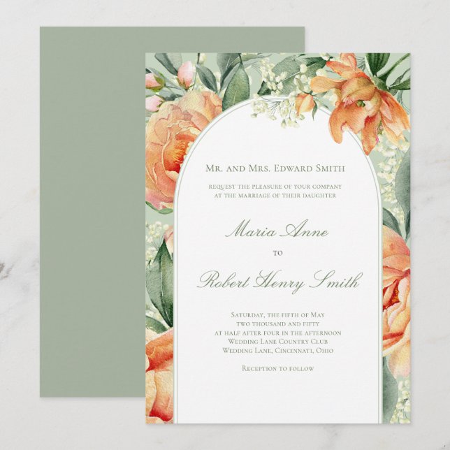 Invitación Arco Floral de Melocotón Elegante Boda Botánica (Anverso / Reverso)