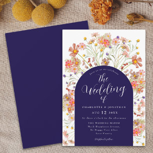 Invitación Arco Floral de Otoño Boho Azul Marino y Blanco par