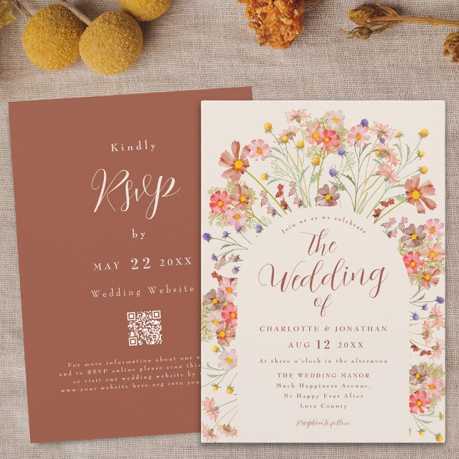 Invitación Arco Floral de Otoño Boho Terracota Beige Boda (Boho fall rustic wildflowers floral arch terracotta burnt orange beige wedding qr code invitation)