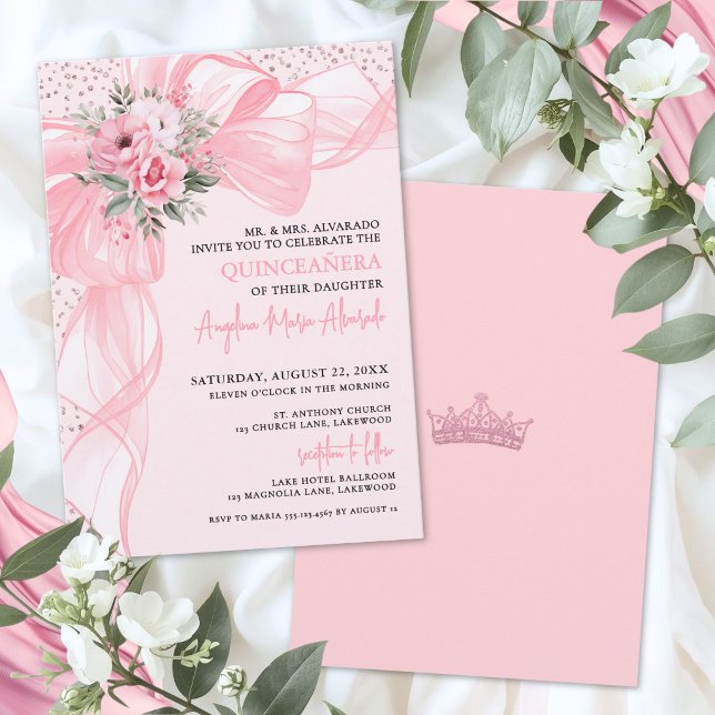 Invitación Arco Floral de Quinceañera Rosa Rubor (Blush Pink Bow Quinceanera Invitation)