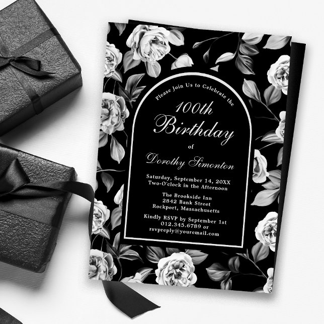 Invitación Arco floral de Rosa blanco negro 100 cumpleaños (Subido por el creador)