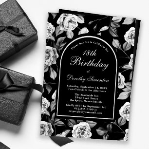 Invitación Arco floral de Rosa blanco negro 18 cumpleaños