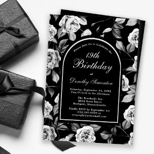 Invitación Arco floral de Rosa blanco negro 19 cumpleaños