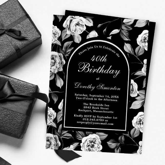 Invitación Arco floral de Rosa blanco negro 40 cumpleaños (Subido por el creador)