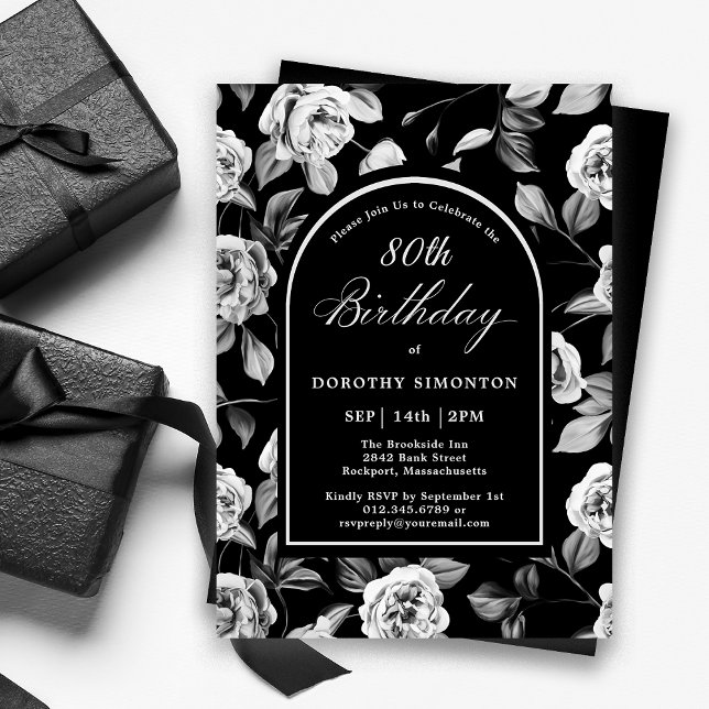 Invitación Arco floral de Rosa blanco negro 80 cumpleaños (Subido por el creador)