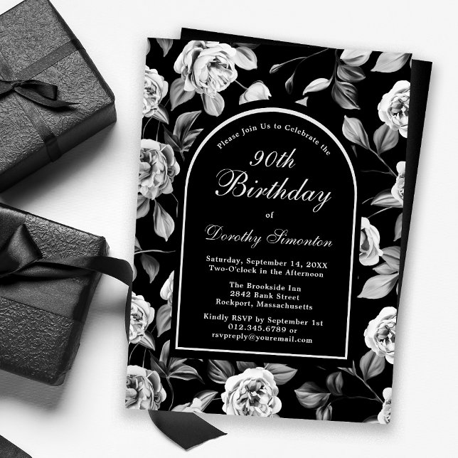 Invitación Arco floral de Rosa blanco negro 90 cumpleaños (Subido por el creador)