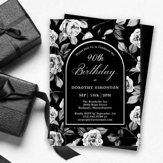 Invitación Arco floral de Rosa blanco negro 90 cumpleaños (Subido por el creador)
