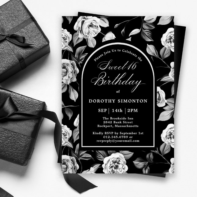 Invitación Arco floral de Rosa blanco negro dulce 16 cumpleañ (Subido por el creador)
